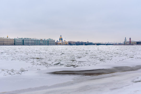 Ice hummock on Frozen Neva River in Saint Petersburg. Russia