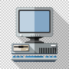 Retro computer icon with keyboard and CRT monitor in flat style with long shadow on transparent background