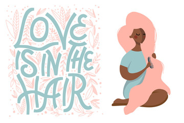 flat vector illustration of pink-haired girl with lettering - love is in the hair