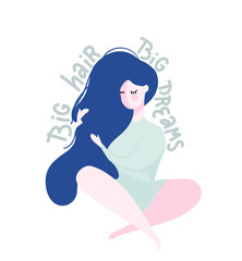 flat vector illustration of blue-haired woman with lettering- big hair big dreams