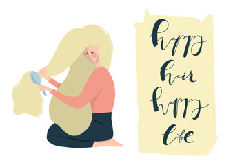 flat vector illustration of blonde girl with lettering - happy hair happy life