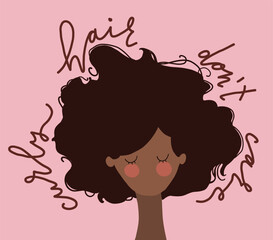 flat vector illustration of curly-haired girl with lettering - curly hair don't care