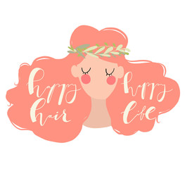 flat vector illustration of red-haired girl with lettering - happy hair happy life