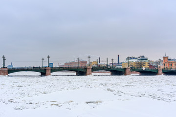 Sampsonievsky Bridge over frozen Bolshaya Nevka River. Saint Petersburg. Russia