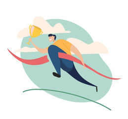 hand drawn vector of man holding gold award cup and  running