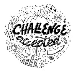 hand drawn vector of challenge accepted poster, doodle symbols