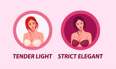 Beautiful Drawn Ladies in Bra. Vector set of round emblem in light and dark colors. Illustrations for Bra and Swimsuit Shop