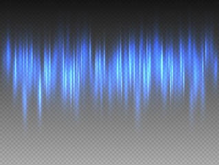 Vertical blue radiance glow pulsing rays on transparent background. Vector abstract illustration of Aurora Borealis light effect. Shining waves design. Polar glowing flare.