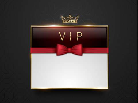 Vip dark red glass label with golden frame, crown and red bow tie on black silk geometric background. White text place. Premium glossy template . Vector luxury illustration.
