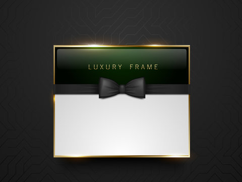 Vip dark green glass label with golden frame and black bow tie on black silk geometric background. White text place. Premium glossy template . Vector luxury illustration.