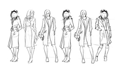 Sketch. Fashion Girls on a white background. Vector illustration.