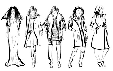 Sketch. Fashion Girls on a white background. Vector illustration.