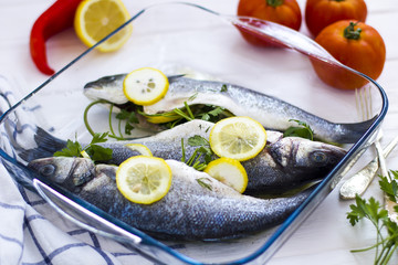 Ingredients from fresh fish and vegetables