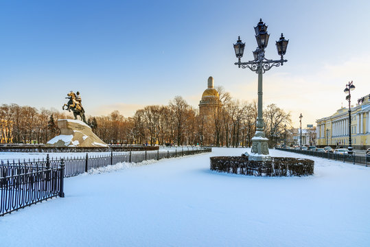 Bronze Horseman on Senate square in winter. Saint Petersburg. Russia