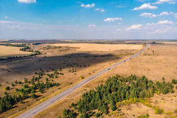 Fototapeta na wymiar Areal view of yellow crop fields and asphalt highway road in sunny summer day, panoramic nature landscape in countryside or farmland