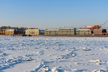 View of Universitetskaya Embankmen in winter. Saint Petersburg. Russia