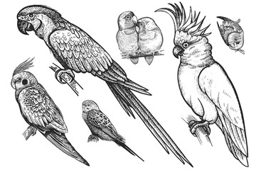 Naklejka premium Birds set. Wavy parrots, budgies, Ara, cockatoo, parrots are in love