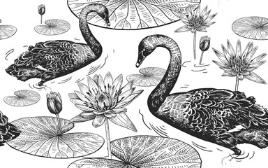 Cotton fabric Swans and water lily. Seamless pattern