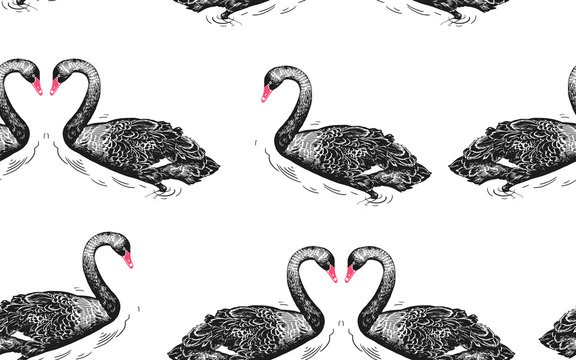Swans and water lily. Seamless pattern