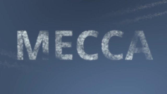 Flying airplanes reveal Mecca caption. Traveling to Saudi Arabia conceptual intro animation