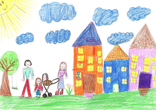 Child's drawing happy family with a stroller walk outdoors together