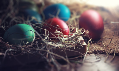 Easter painted eggs on burlap
