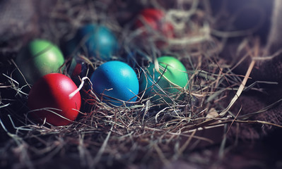 Easter painted eggs on burlap