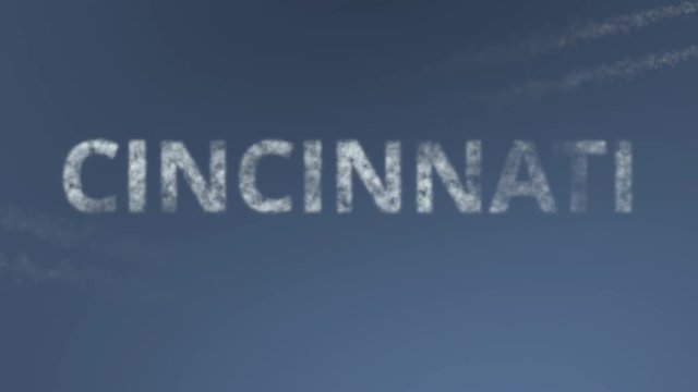 Flying airplanes reveal Cincinnati caption. Traveling to the United States conceptual intro animation