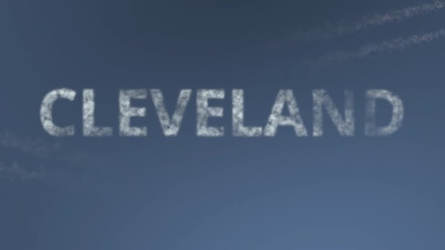 Flying airplanes reveal Cleveland caption. Traveling to the United States conceptual intro animation
