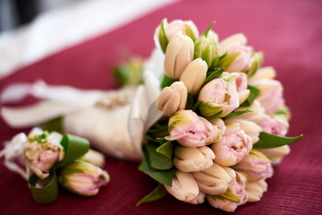 .A wedding bouquet lies on a marsala fabric. Bridal bouquet.
