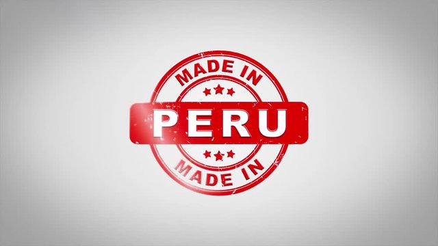 Made In PERU Signed Stamping Text Wooden Stamp Animation. Red Ink on Clean White Paper Surface Background with Green matte Background Included.