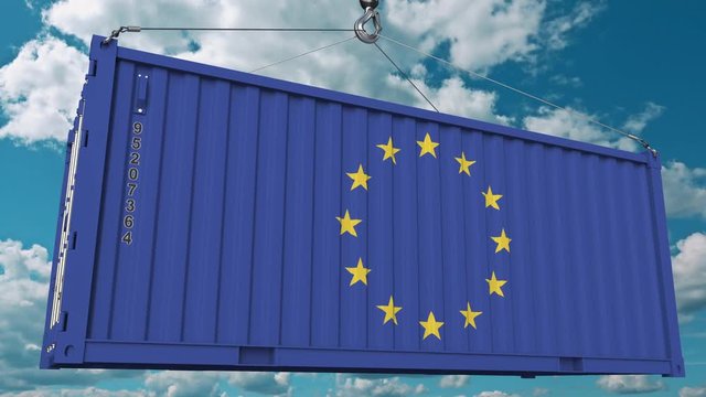 Loading cargo container with flag of EU. European Union import or export related conceptual 3D animation