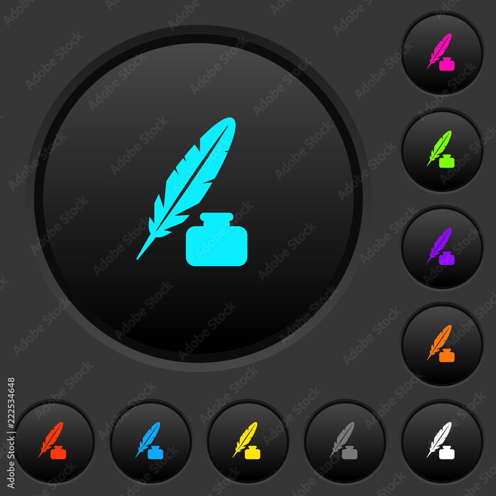 Poster feather and ink bottle dark push buttons with color icons