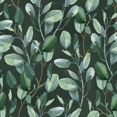 Seamless pattern of green eucalyptus leaves on dark green background
