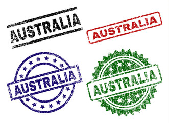 AUSTRALIA seal prints with distress style. Black, green,red,blue vector rubber prints of AUSTRALIA label with unclean style. Rubber seals with round, rectangle, rosette shapes.