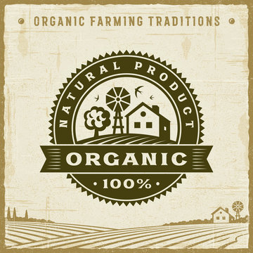 Vintage Organic 100% Natural Product Label. Editable EPS10 vector illustration with clipping mask and transparency in retro woodcut style.