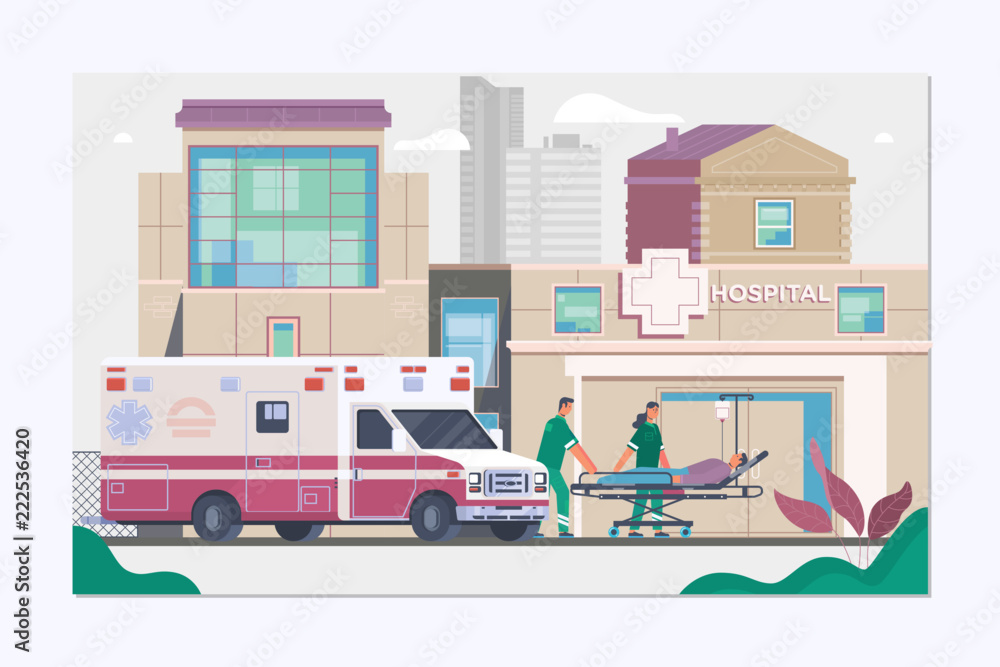 Wall mural Medicine ambulance concept in flat style.Paramedics and doctor unloading patient from ambulance - Wall murals