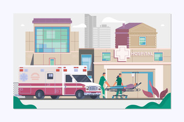 Medicine ambulance concept in flat style.Paramedics and doctor unloading patient from ambulance