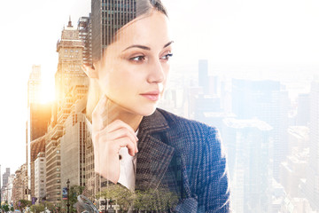 Pensive businessman in city, copy space