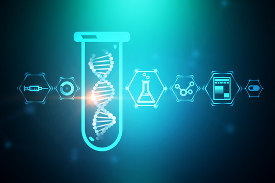 Blue dna in test tube, science icons, green