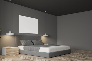 Corner of grey Scandinavian bedroom, poster