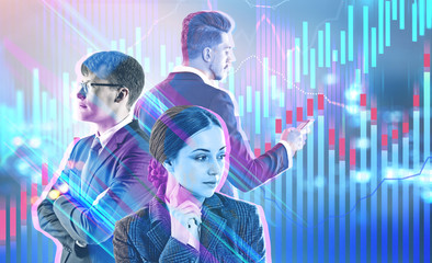 Diverse business team in night city, forex graphs