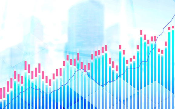 Forex bar chart, foggy cityscape