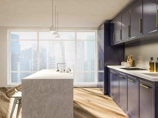 Purple countertops kitchen interior, window