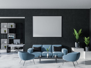 Black home office interior with sofa and poster