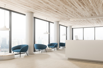 Wooden ceiling reception hall, armchairs side view