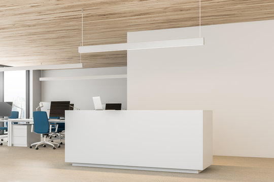 Wood ceiling office interior with reception desk