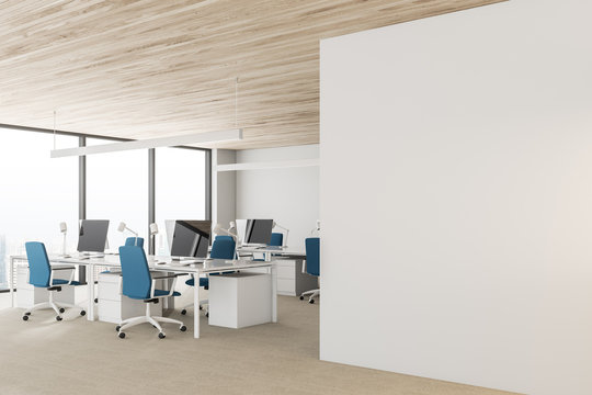 Wooden ceiling open space office, white walls