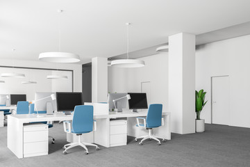 Open space office with blue chairs side view