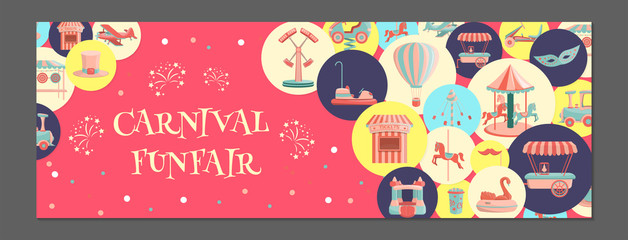 Horizontal banner with amusement park icons in colored circles.